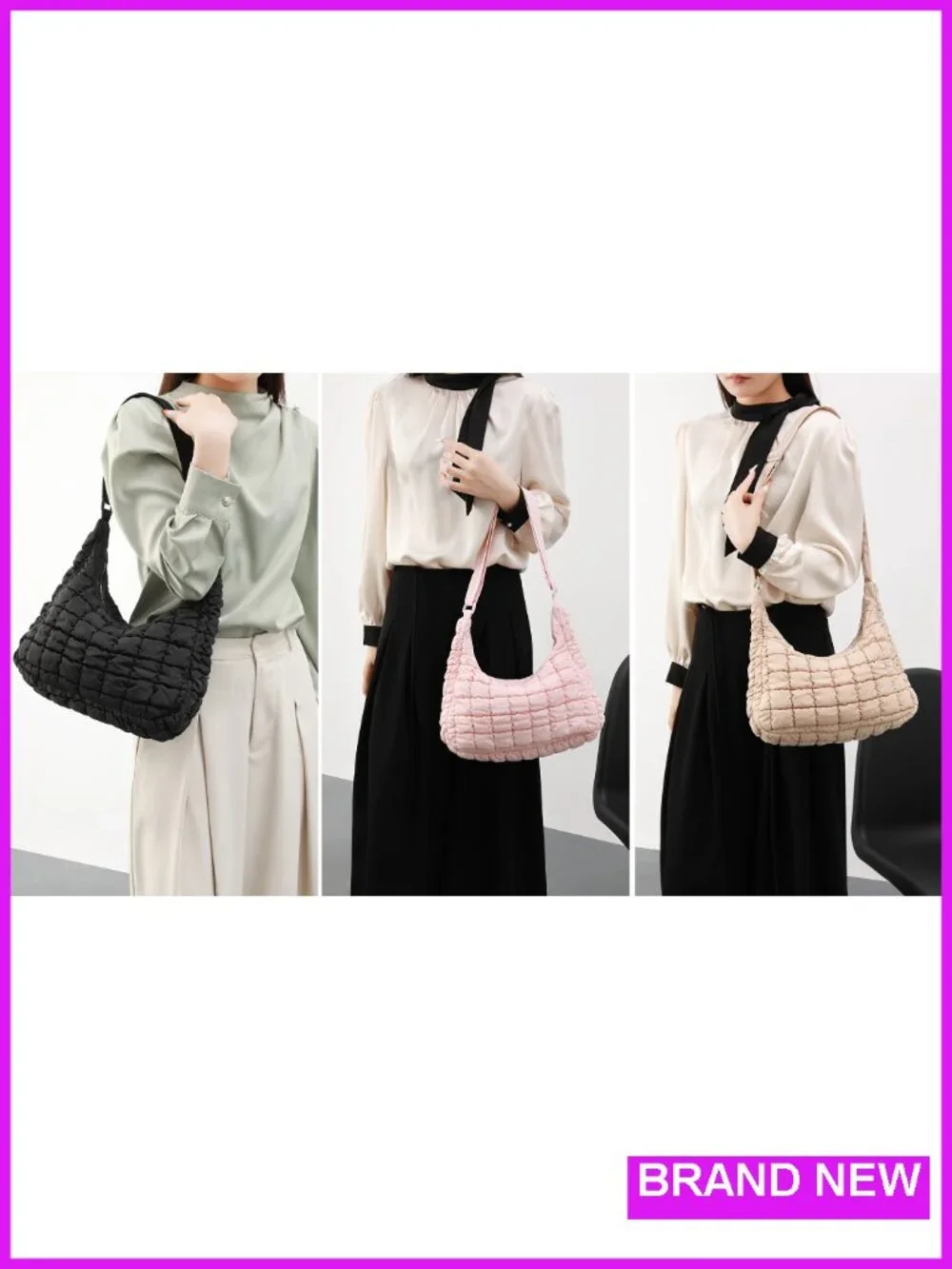 Quilted Nylon Crossbody Shoulder Hobo Bag for Women Padded Adjustable Strap